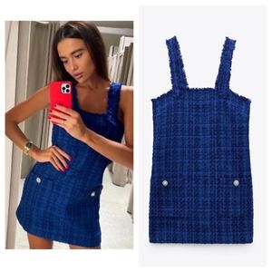 Zara Blue Tweed Dress Textured Pinafore Mini Dress Size XS NWT New With Tags